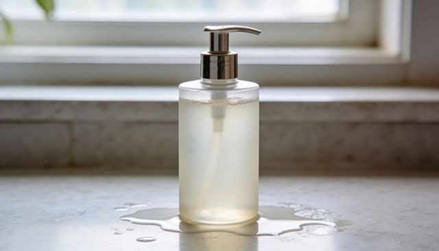 Clear liquid soap dispenser with chrome pump on wet marble countertop and puddle