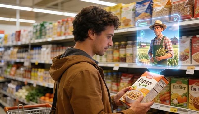 Shopper using augmented reality to view virtual farmer hologram on cereal box