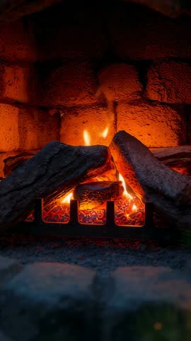 Sparking embers warming logs in brick hearth vertical fireplace video for cozy scenes