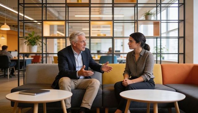 Senior executive mentoring young colleague in modern open-plan office lounge