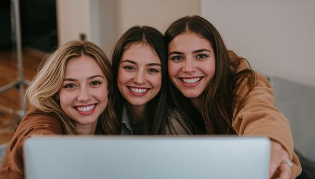 Three friends smiling while taking laptop selfie in cozy living room with earthtone sweaters