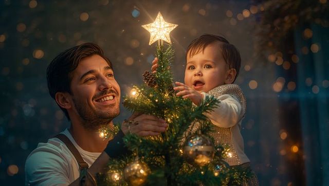 Father and Infant Decorating Christmas Tree Star Topper