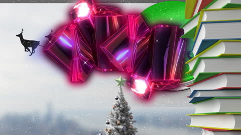 Festive Animation with Crystals and Books Over Holiday Scene