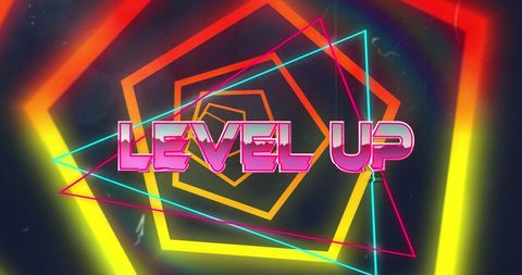 Neon Level Up Text with Geometric Shapes on Dark Background