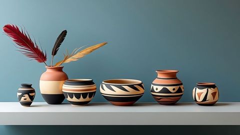 Colorful native american ceramic vases with patterns in elegant gallery display