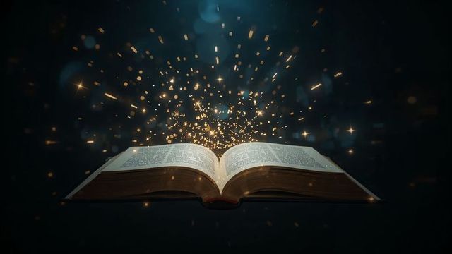 Magic book emitting golden light particles in dark atmosphere