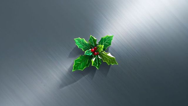 Gleaming holly sprig on brushed metal panel with red berries casting soft shadow, minimal