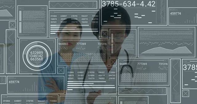 Doctors analyzing holographic data in futuristic medical lab