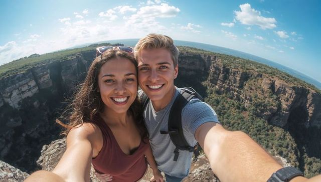 Young couple taking cliffside selfie at canyon overlook, hiking backpack, sunny adventure