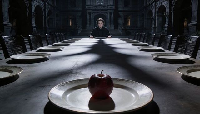 Lonely red apple centerpiece on long gothic banquet table with solitary cloaked figure