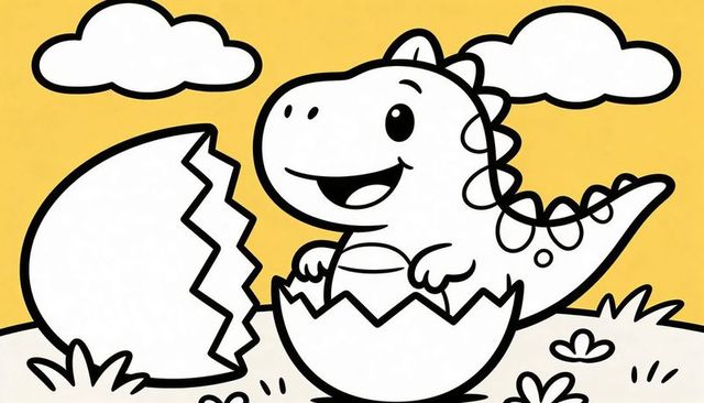 Cute baby dinosaur hatching from egg in meadow with clouds and grass coloring page