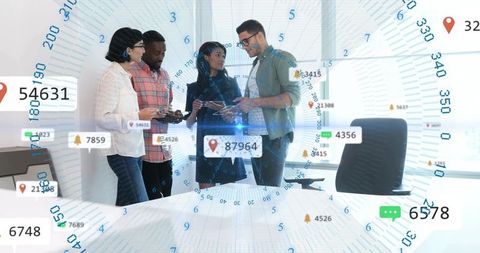 Diverse business team collaborating with ar analytics on tablet and smartphones