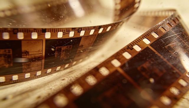 Curled 35mm film strip with sprocket holes, scratches and warm vintage grain