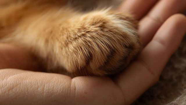 Ginger cat paw resting in human palm closeup intimate pet bond comfort warm lighting