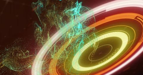 Holographic hud emitting cyan particle plume over glowing concentric data rings