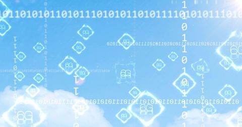 Futuristic 6G Technology Icons Floating Against Blue Sky