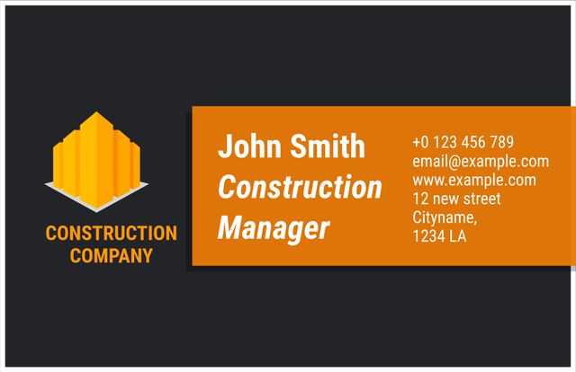 Business card template featuring a clean and professional layout. Ideal for construction managers and similar professionals to showcase their contact information and company branding. Includes sections for name, job title, phone number, email address, website, and office address. Perfect for networking, client meetings, and establishing a strong, professional identity.