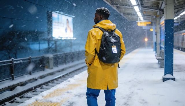 Commuter Standing on Snowy Train Platform Wearing Yellow Raincoat and Backpack at Night