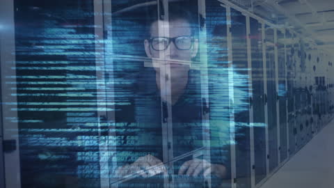 Caucasian Male Hacker in Server Room with Digital Coding Overlay