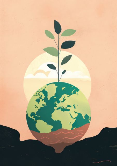 This illustration depicts a globe with a growing plant, symbolizing sustainability, nature, and environmental conservation. The image is ideal for promoting eco-friendly practices, Earth Day events, sustainability reports, environmental campaigns, educational materials on ecology and climate change, or any content related to the protection of our planet.