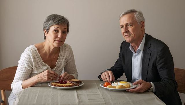 Mature couple sharing quiet breakfast at home table, morning routine and companionship