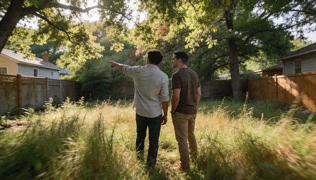 Two neighbors inspecting overgrown backyard, pointing at trees and wooden privacy fence