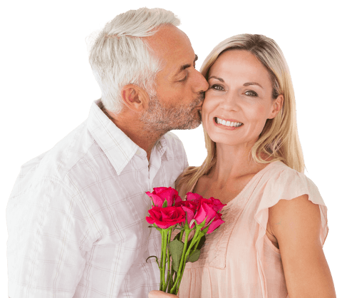 Senior Couple Displaying Affection with Roses on Transparent Background