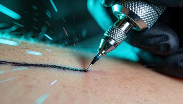 Rotary tattoo machine creating precise black line on skin with gloved hand and teal light
