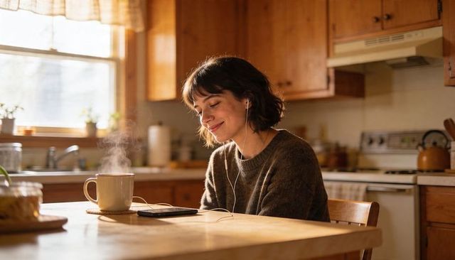 Cozy morning at home woman listening to music with coffee steaming on wooden kitchen table
