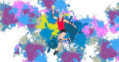 Female Handball Athlete Leaping with Colorful Paint Splashes