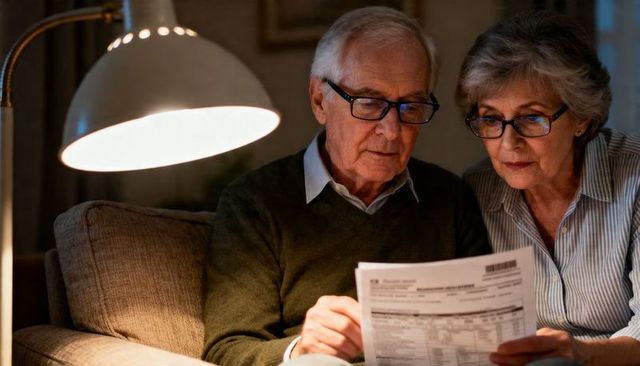 Senior couple reviewing household bill together on couch under warm lamp light