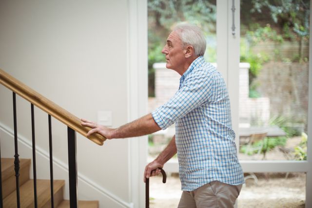 Senior Man Using Walking Stick While Climbing Stairs at Home - Download Free Stock Photos Pikwizard.com