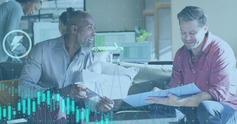 Business Collaboration Overlaid with Finance Chart and Technology Icons