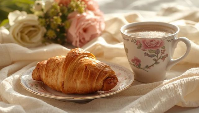 Golden croissant on floral plate with vintage rose mug and soft morning light