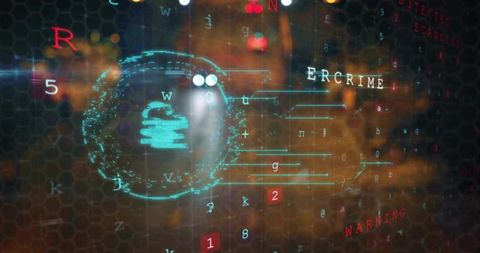 Cyan lock hud scanning road for cyber threats with red alert glitches and hex grid overlay