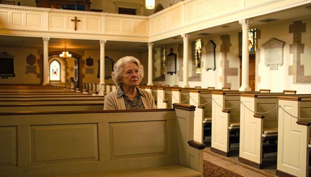Senior woman sitting in quiet church pew reflecting on memories and faith in sanctuary