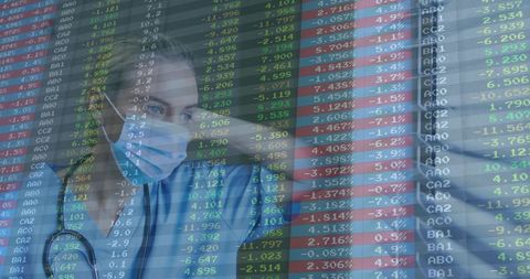 Nurse Analyzing Financial Data on Transparent Digital Display