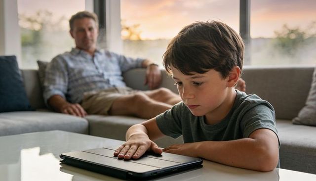 Young boy touching tablet folio in modern living room while father watching during warm sunset