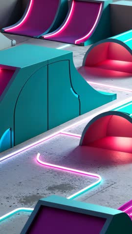 Tilting Upward Reveal Neon-Lit Futuristic Ramp with Pink Slides Vertical Video