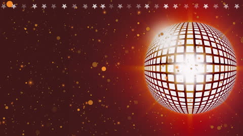 Shimmering Disco Ball with Light Trails on Red Party Backdrop