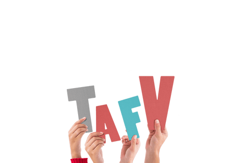 Hands holding colorful tafv letters on transparent