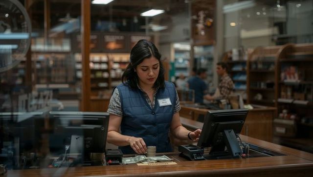 Bookstore cashier counting cash at wooden checkout counter with pos terminal