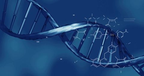 Blue DNA double helix spiraling with chemical structures and molecular overlays for biotech