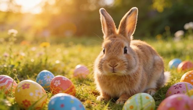 Basking brown bunny among pastel easter eggs on meadow with wildflowers during golden hour