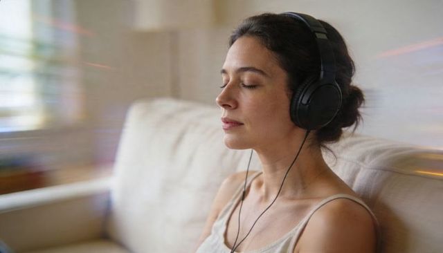 Woman listening to music on sofa with headphones eyes closed relaxing at home