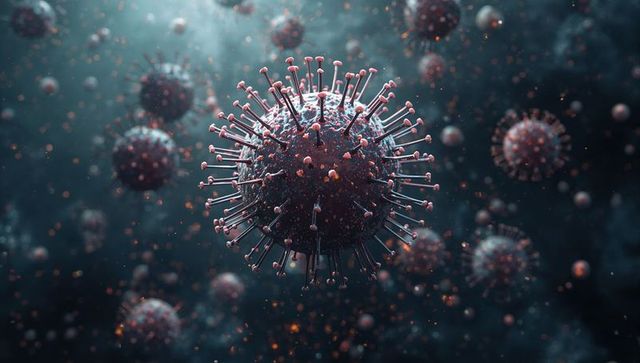 3d coronavirus particle with red-pink viral spikes floating in deep blue microscopic scene