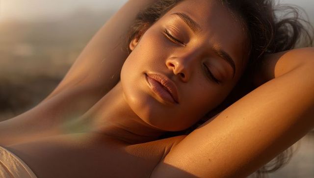 Reclining woman soaking golden-hour sun on beach, serene sunset portrait with warm skin glow