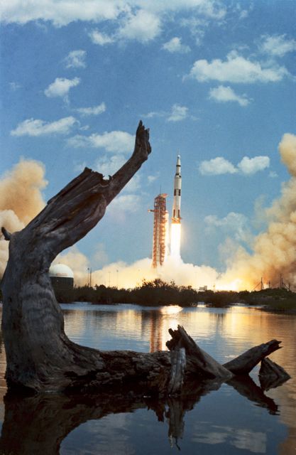 Historic launch of Apollo 16, captured at Kennedy Space Center in April 1972. Use for topics on space exploration, NASA missions, or vintage space program history. Ideal for educational materials, documentaries, or science discussions.