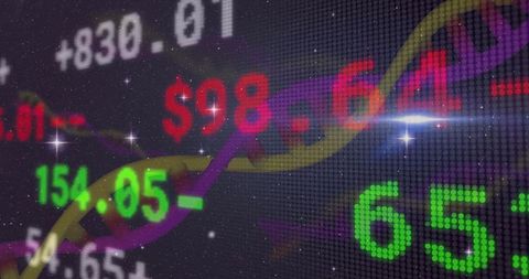 Digital Stock Ticker Display with DNA Helix ConceptOverlaying Financial Graphics