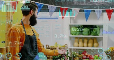 Bearded Market Vendor Arranging Fresh Produce with Augmented Analytics Overlay for Retail